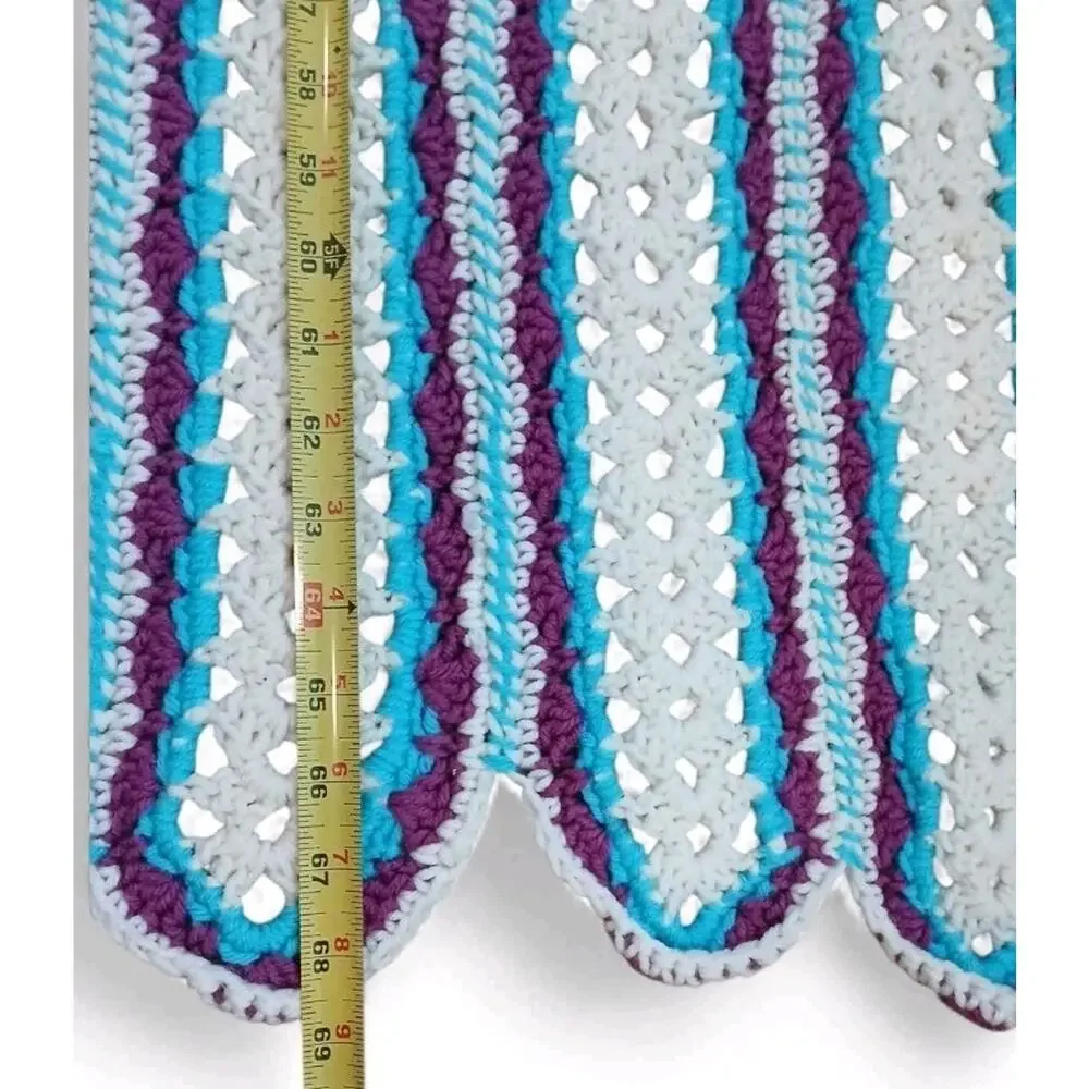 VNT Crochet Blanket Throw Afghan 68.x37 Blue White Stripes Scallop Hippie Granny
